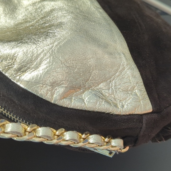 Meli Melo Rich Brown and Metallic Gold Suede Leather Fringe Crossbody - Picture 4 of 16